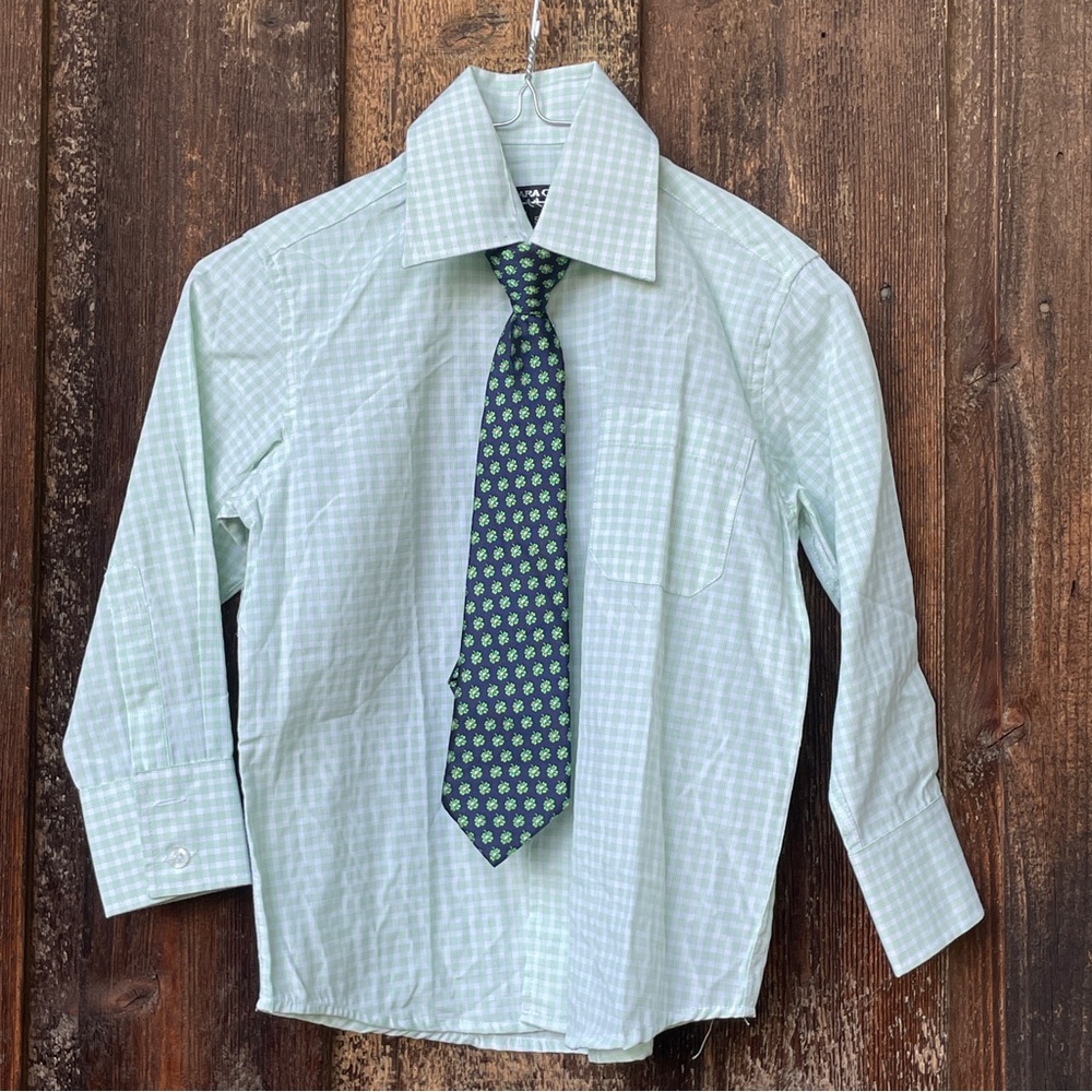 Sahara Club Button Down Dress Shirt Soft Green Plaid w Coord Zipper Tie …